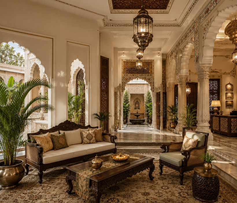 Luxurious hotel lobby with marble pillars and chandeliers