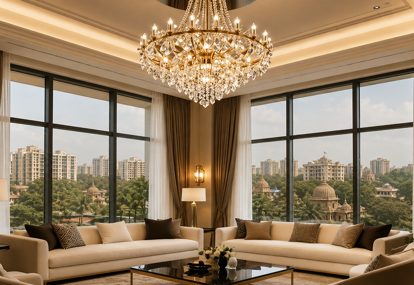 Modern interior living room with designer chandelier