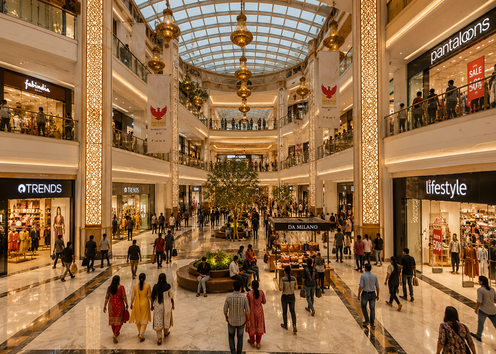 Luxury mall interior with chandeliers and marble floors
